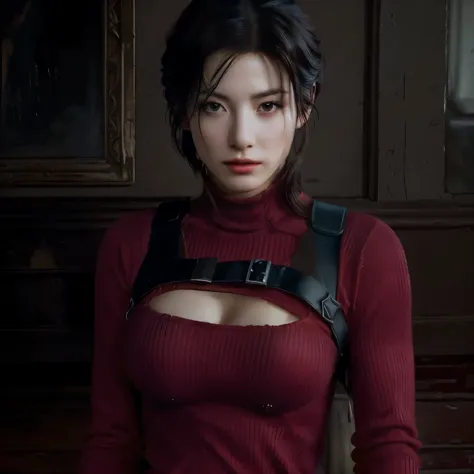 a close-up of a woman in a red sweater holding a knife, portrait of Tifa lockhart, Tifa lockhart, tifa lockheart, supermodelo em...