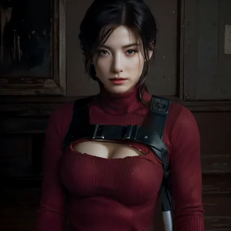 a close-up of a woman in a red sweater holding a knife, portrait of tifa lockhart, tifa lockhart, tifa lockheart, supermodelo em...