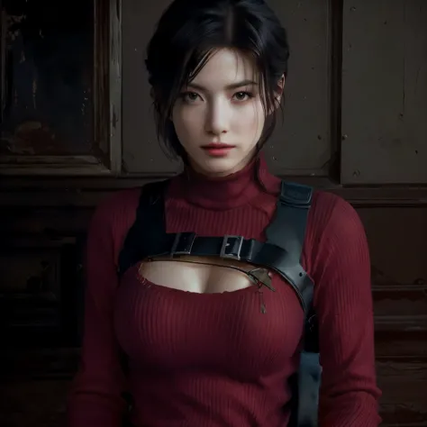 a close-up of a woman in a red sweater holding a knife, portrait of Tifa lockhart, Tifa lockhart, tifa lockheart, supermodelo em...