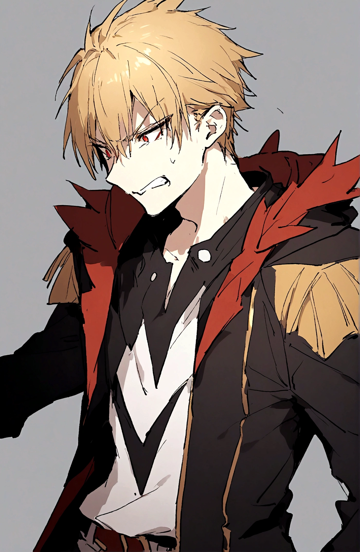 1boy，blond，Red Eyes，黑色jacket，白色shirt，Gray background，jacket，Male focus，Open clothes，打开jacket，Red Eyes，shirt，Disgusted look,arrogant，Cold，Gilgamesh,solo，Upper Body