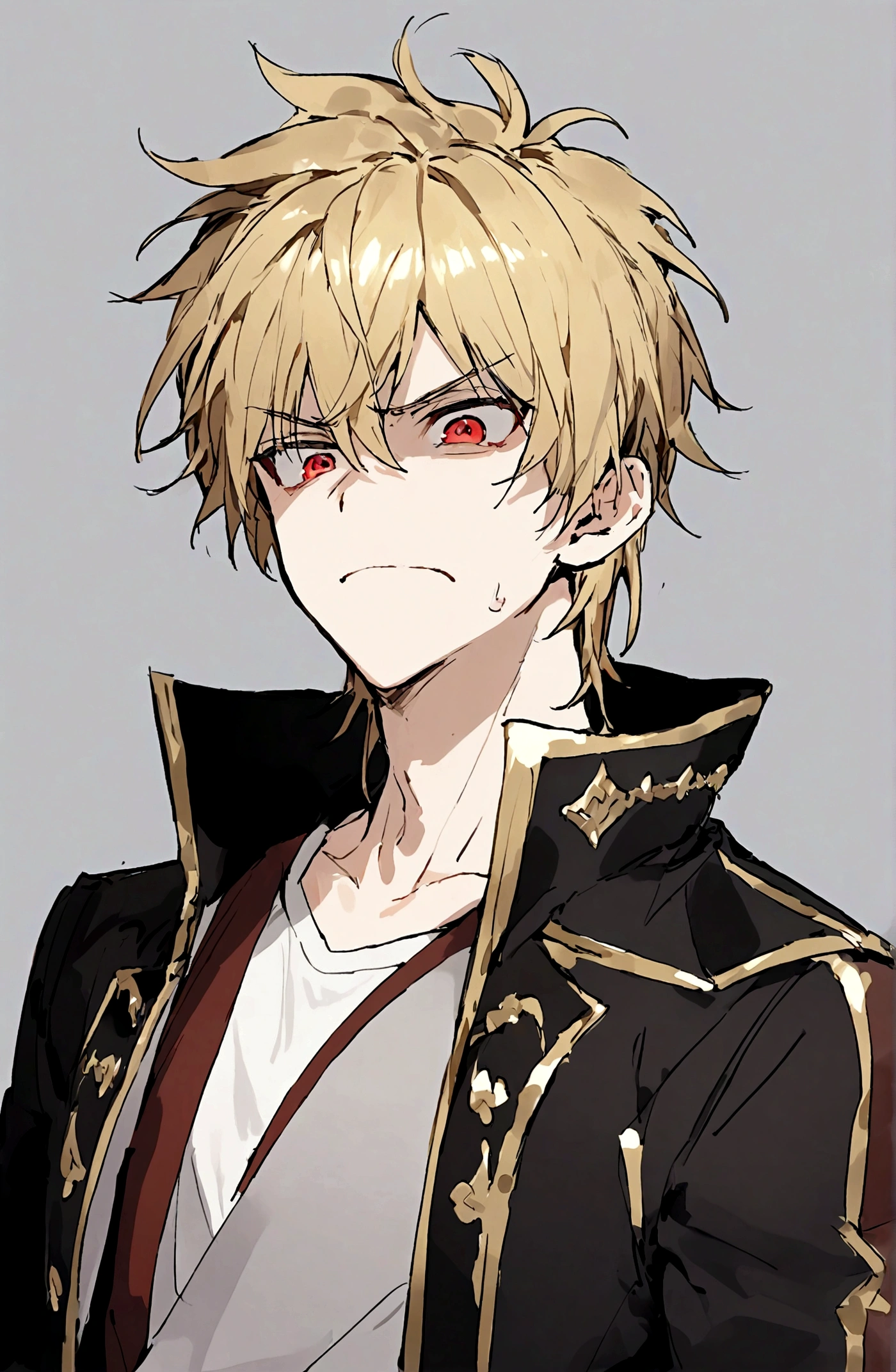 1boy，blond，Red Eyes，黑色jacket，白色shirt，Gray background，jacket，Male focus，Open clothes，打开jacket，Red Eyes，shirt，Disgusted look,arrogant，Cold，Gilgamesh,solo，Upper Body