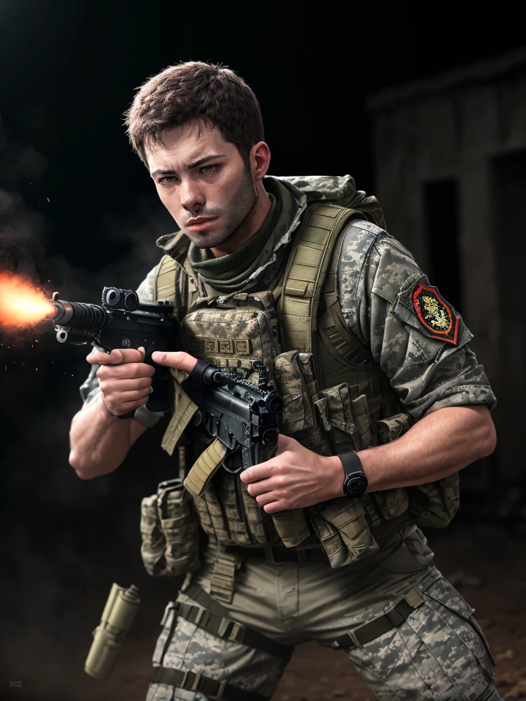 a mercenary man with brown hair and hazel eyes, wearing a bullet belt, combat boots and a red bandana, angrily aiming and firing an assault rifle with muzzle flash in a war zone, shell casings on the ground around him, (best quality,4k,8k,highres,masterpiece:1.2),ultra-detailed,(realistic,photorealistic,photo-realistic:1.37),military,gritty,intense,cinematic lighting