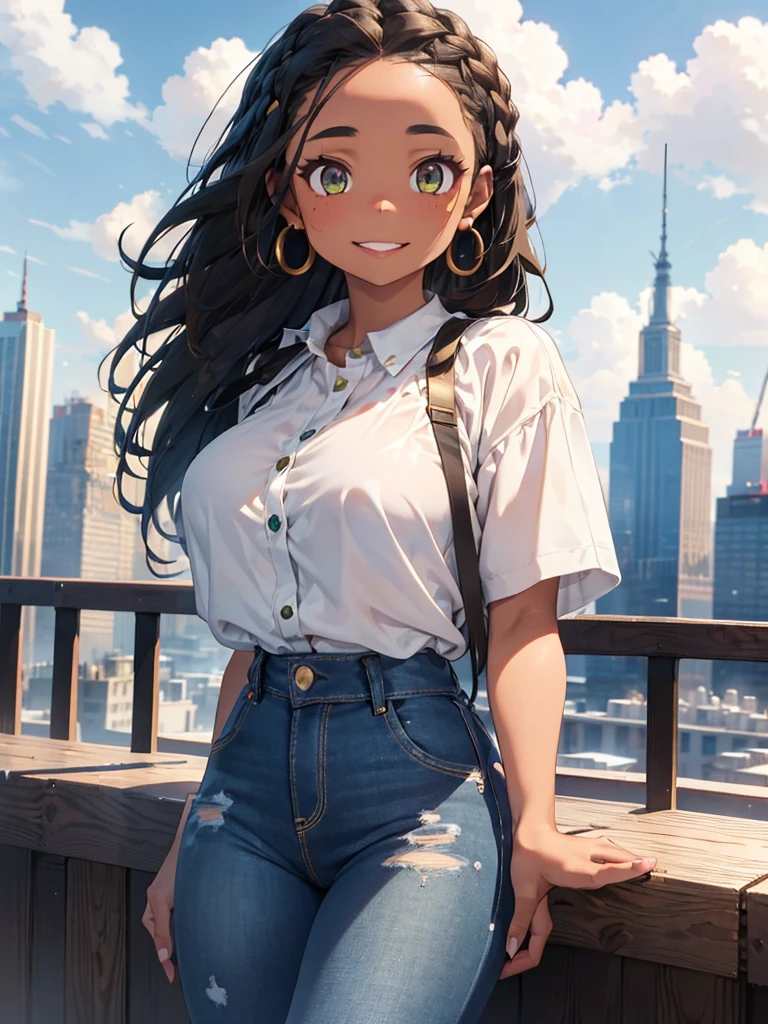 Girl with black skin, braided brown hair, Box braids, green eyes, smiling, black bra, white blouse, big circle gold earrings, freckles, big lips, on a rooftop, nyc skyline in the background, blue skies big clouds Wearing extremely tight jeans, extremamente sexy, 8k, (melhor qualidade: 1.0), (ultra highres:1.0)