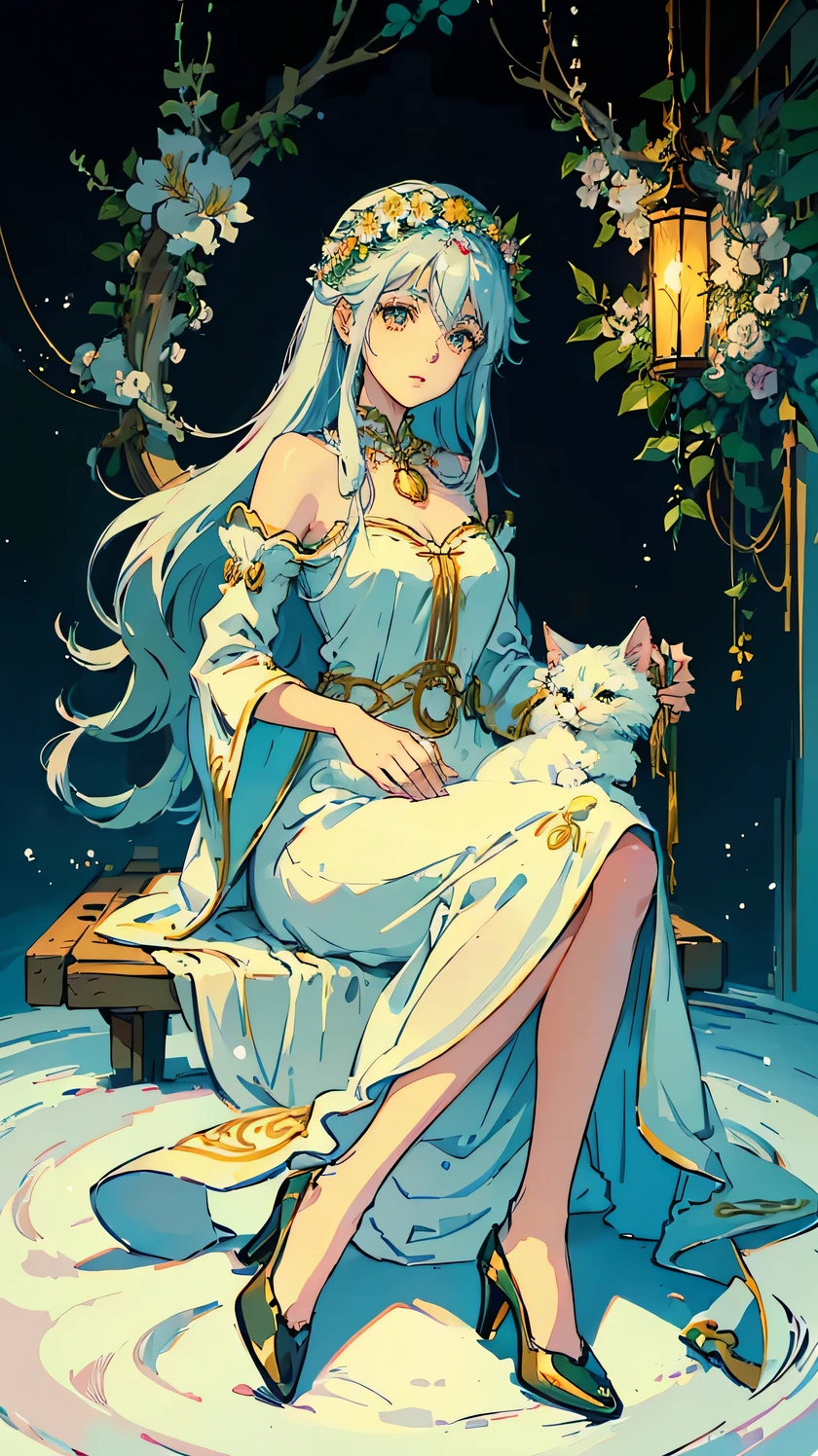 Illustration by Hergé, a beautiful girl with long flowing hair is sitting on the lap of a giant white Persian cat, wearing a wreath of flowers on her head, her eyes sparkle beautifully, the girl wears an elegant long dress, wearing sparkling red high heels, extremely cute cat, cat and girl lying on a circular fur rug, soft and smooth like velvet, white background, surrounding girl with lily flowers, pearls around, Soft lighting, intricate, meticulous details, 8k