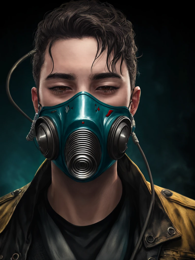 a hyper-realistic, 8k digital painting of a demonic creature with long, intricate hair, a haunting and unsettling facial expression, sharp facial features, piercing eyes of different colors and sizes, edges of the face disappearing into wires and tubes, a gas mask with massive air intakes, set against a dirty, grunge-textured cyan background, (best quality,4k,8k,highres,masterpiece:1.2),ultra-detailed,(realistic,photorealistic,photo-realistic:1.37),portrait of a man holding a bolt in his mouth, close-up of a person with mismatched eyes, one eye closed, cyan eye, orange eye, man's face with spiky implants instead of hair and blue eyes in front of a grunge background, edges of his face disappearing turning into wires, horrifying implants on the top of his head, in the style of AIDA_ColGruBioMec, (artwork by AIDA_ColGruBioMec:1.3), (in style of H.R.Giger:1.1)