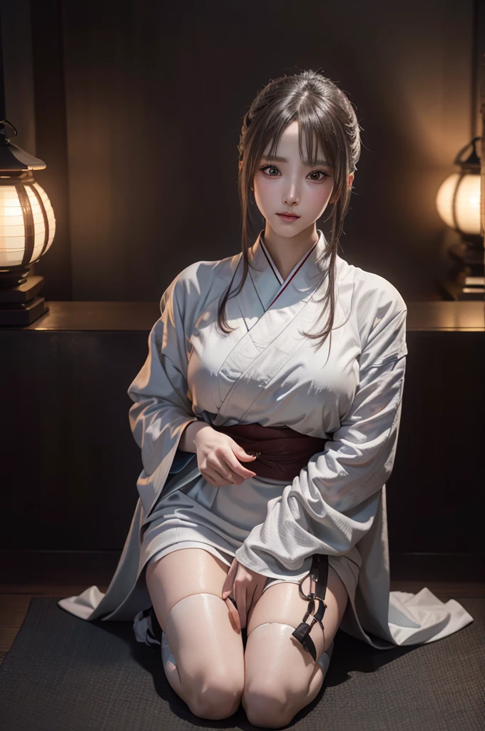 samurai、female、1 person、Samurai residence、cool、sexy、Armor、arms、have、the wind is strong、fog、highest quality、8k Masterpiece、超A high resolution、(Photorealistic:1.3)、RAW Photos、((Ultra-Realistic Details))、Portrait、Global Illumination、Shadow、Octane Rendering、8k、Super sharp、Beautiful breastetal、Cold colors、Very intricate details、Realistic Light、CGSoation Trend、Silvery white long hair、Glowing Skin、A super beautiful cyberpunk mage、Beautiful Eyes、Shining Eyes、sexy、Lots of exposure、１００Shining red Japanese lanterns、Wearing futuristic tabi socks、Beautiful breasts、Sexy expression、Sexy thighs、