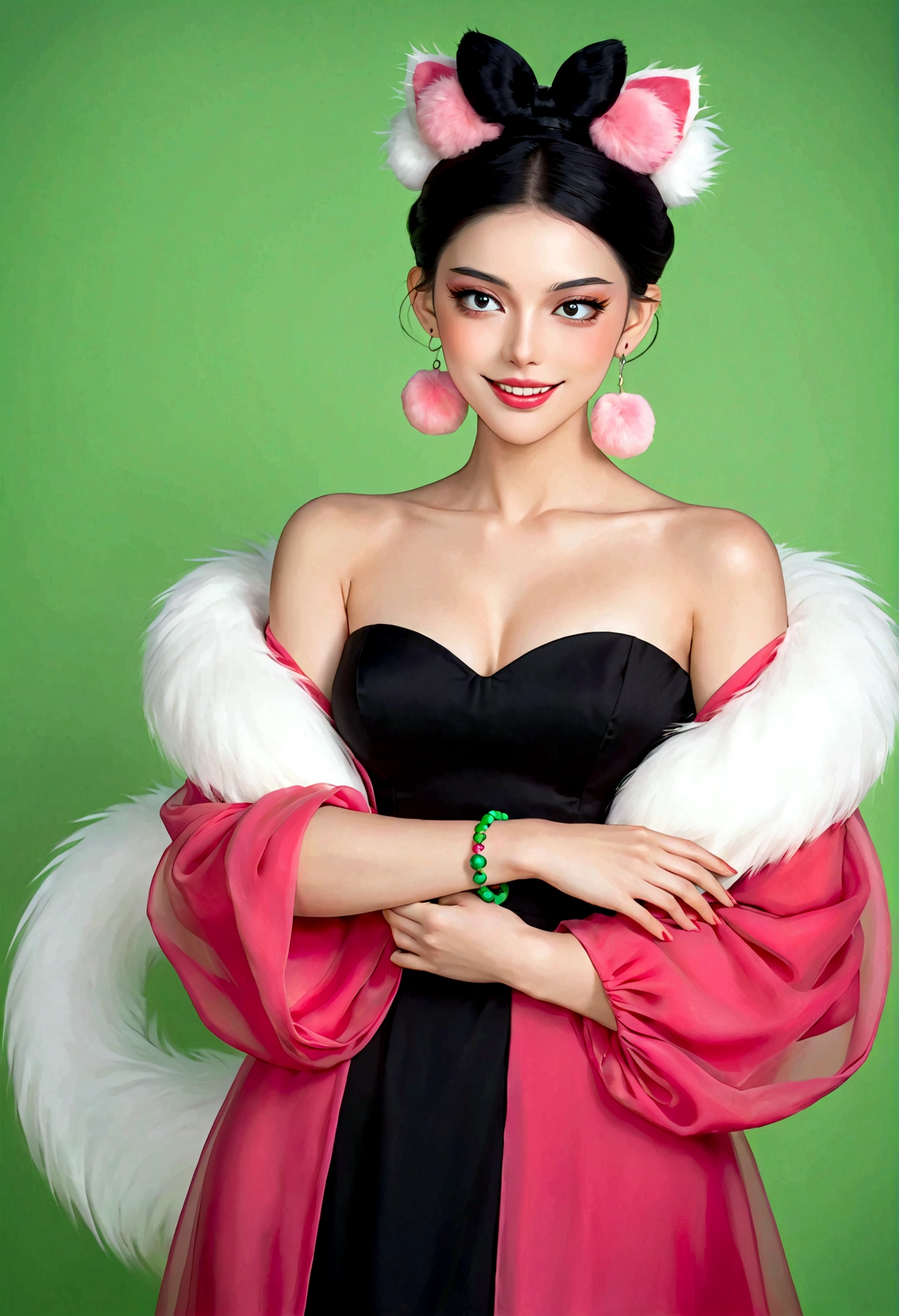 Noble and elegant girl，Beautiful face，beautiful eyes，Pink Eyeshadow，blush，Smile，(((1 big, fluffy tail)))，Black high bun，Pink pompom earrings，Sexy red tube top slim dress，Collar，Green Bracelet，Green background wall blur