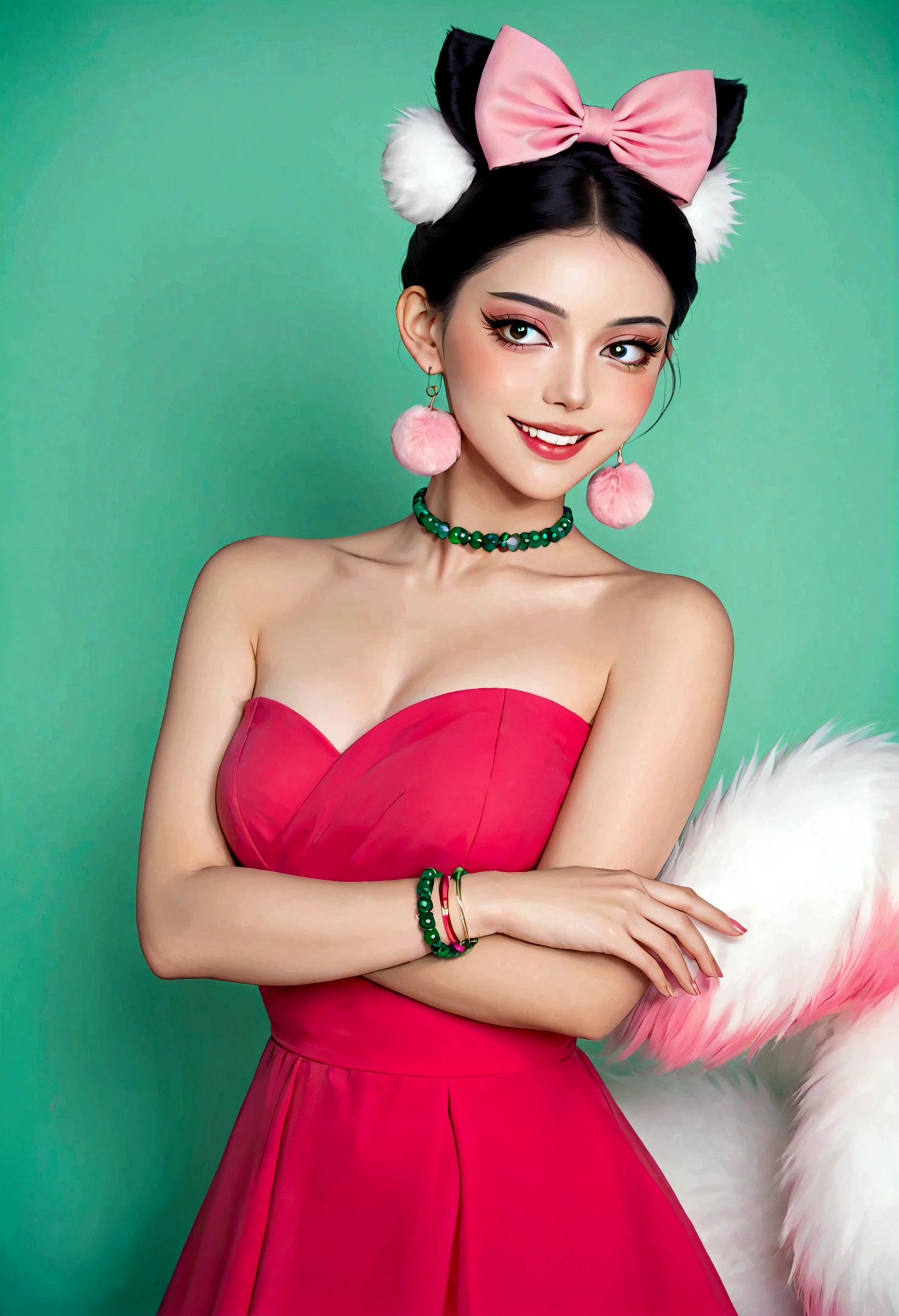 Noble and elegant girl，Beautiful face，beautiful eyes，Pink Eyeshadow，blush，Smile，(((1 big, fluffy tail)))，Black high bun，Pink pompom earrings，Sexy red tube top slim dress，Collar，Green Bracelet，Green background wall blur