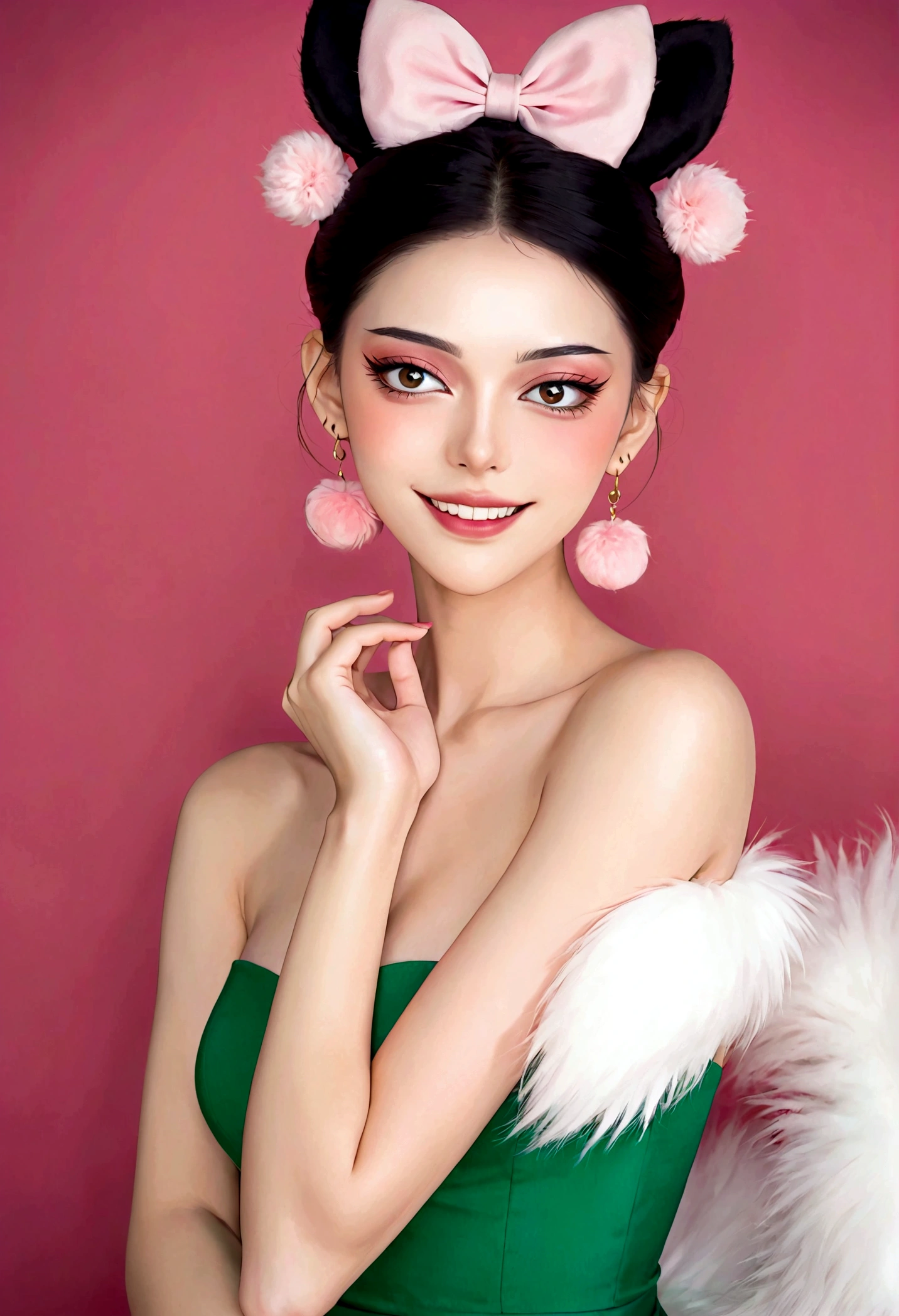 Noble and elegant girl，Beautiful face，beautiful eyes，Pink Eyeshadow，blush，Smile，(((1 big, fluffy tail)))，Black high bun，Pink pompom earrings，Sexy red tube top slim dress，Collar，Green Bracelet，Green background wall blur