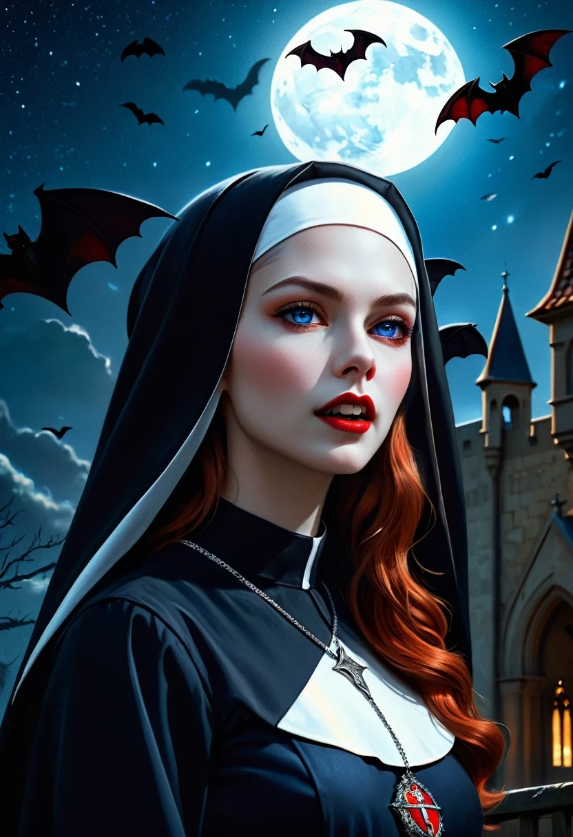 изображение изысканной красивой женщины-вампира-монахини, стоящей под звездным ночным небом на крыльце своего монастыря, ультра женственный, (бледная кожа: 1.3), Красный hair, волнистые волосы, динамичный цвет глаз, холодные глаза, блестящие глаза, напряженные глаза, dark Красный lips, ((клыки: 1.1)), утомительный (белая монахиня в обтягивающей униформе: 1.3), утомительный (синий плащ: 1.3), длинный плащ, струящийся плащ, утомительный (сапоги на высоком каблуке: 1.3), небо полное звезд фон, луна, летучие мыши летают, боевой выстрел, высокая детализация, Лучшее качество, 16 тыс., ((Ультра подробный: 1.5)), шедевр, Лучшее качество, портретный снимок, фотореализм, темное фэнтези искусство, Готическое искусство, много звезд, чувство страха, СветящиесяРуныAI_Красный, Кинематографический стиль голливудского кино,