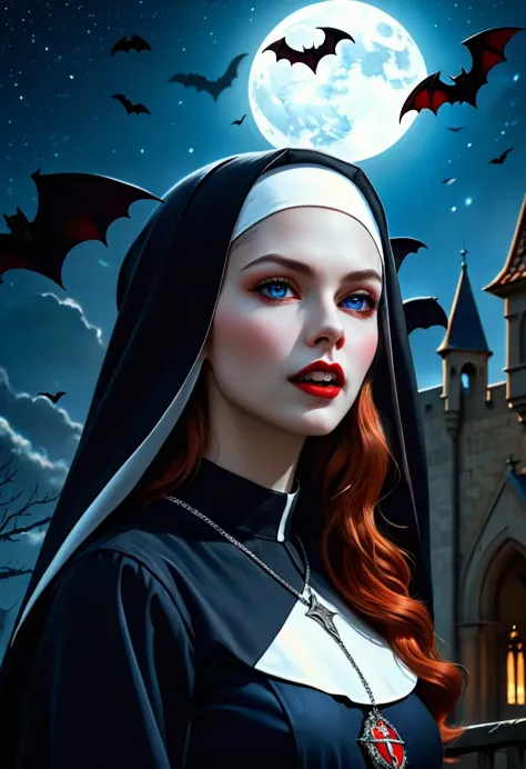 a picture of an exquisite beautiful female nun vampire standing under the starry night sky on the porch of her monastery, ultra ...