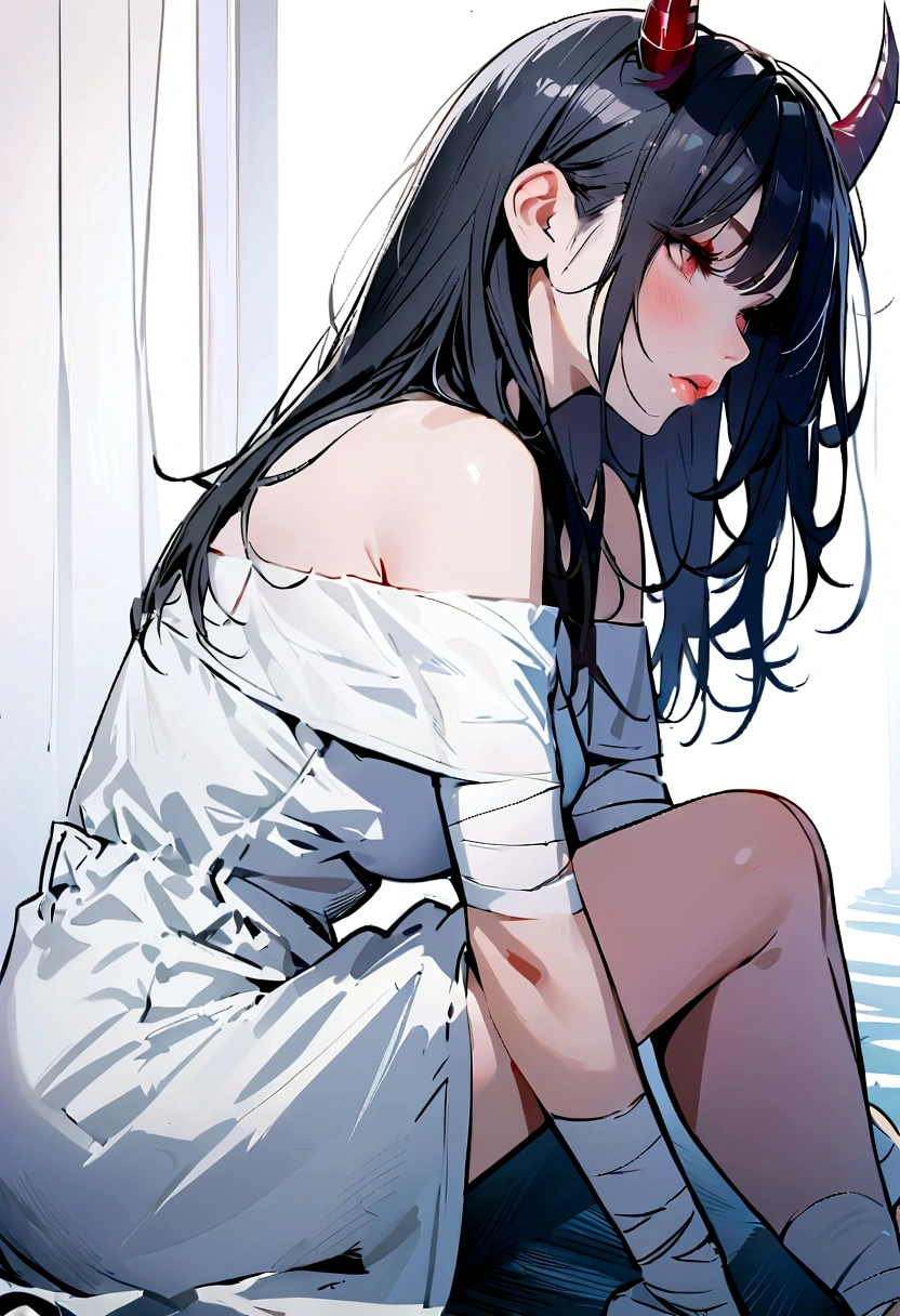 1girl, solo, off shoulder, bandages, black hair, bare shoulders, dress, lips, horns, off-shoulder shirt, full body view