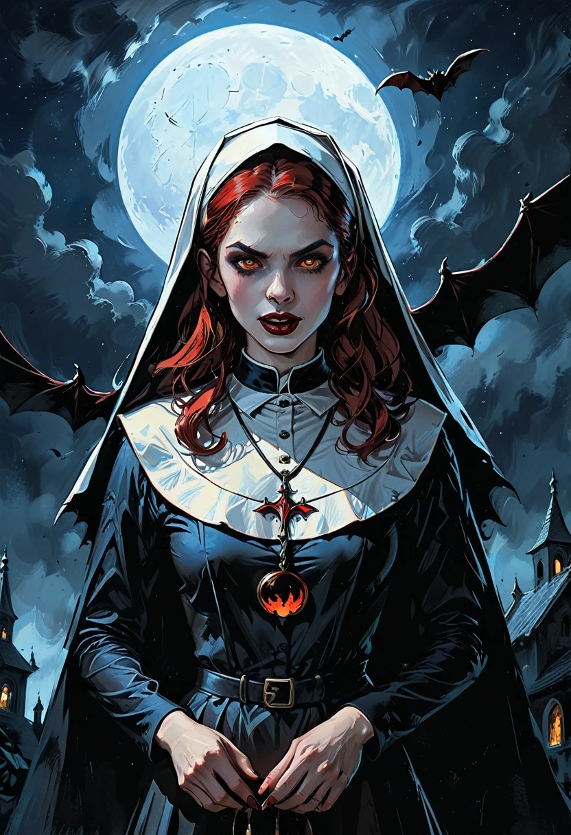 a picture of an exquisite beautiful female nun vampire standing under the starry night sky on the porch of her monastery, ultra feminine, (pale skin: 1.3), red hair, wavy hair, dynamic eyes color, cold eyes, glowing eyes, intense eyes, dark red lips, ((fangs: 1.1)), wearing (white nun tight וuniform: 1.3), wearing (blue cloak: 1.3), long cloak, flowing cloak, wearing (high heeled boots: 1.3), sky full of stars background, moon, bats flying about, action shot, high details, best quality, 16k, ((ultra detailed: 1.5)), masterpiece, best quality, portrait shot, photorealism, dark fantasy art, gothic art, many stars, sense of dread, GlowingRunesAI_red, dark novel