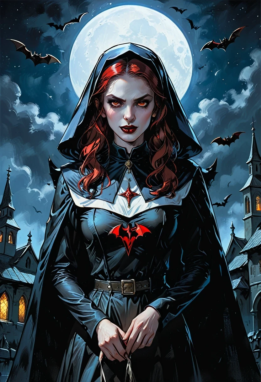 uma foto de uma linda freira vampira em pé sob o céu noturno estrelado na varanda de seu mosteiro, ultra feminine, (pele pálida: 1.3), vermelho hair, Cabelo ondulado, cor dinâmica dos olhos, Olhos frios, olhos brilhantes, olhos intensos, dark vermelho lips, ((presas: 1.1)), Vestindo (freira branca apertada וuniforme: 1.3), Vestindo (manto azul: 1.3), manto longo, Manto esvoaçante, Vestindo (botas de salto alto: 1.3), céu cheio de fundo de estrelas, lua, morcegos voando, foto de ação, detalhes altos, melhor qualidade, 16k, ((ultra detalhado: 1.5)), obra de arte, melhor qualidade, foto de retrato, fotorrealismo, arte de fantasia sombria, arte gótica, muitas estrelas, sensação de pavor, GlowingRunesAI_vermelho, romance sombrio