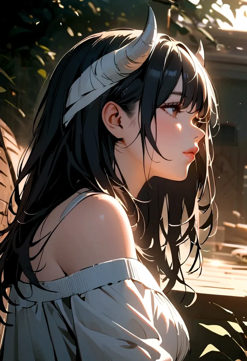 1girl, solo, off shoulder, bandages, black hair, bare shoulders, dress, lips, horns, off-shoulder shirt, full body view