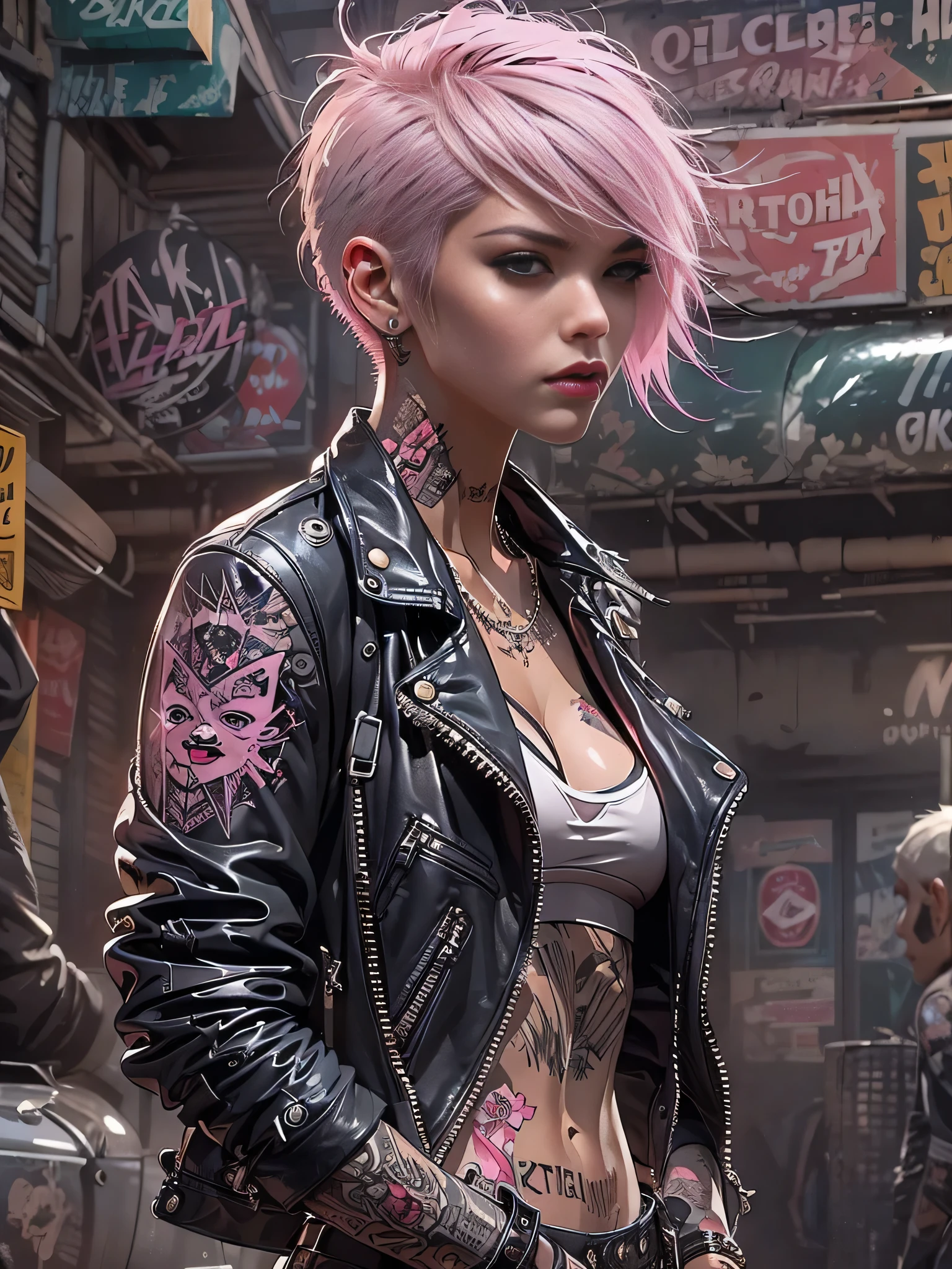 (((of the highest quality: 1.4))),(unparalleled masterpiece ever), (Ultra high definition),(Ultra-realistic 8K CG), offcial art、 
(((adult body))), (((1girl in))), ((( Bob Shorthair ))), Punk girl with a perfect body, 
Jacket with metal spines,Beautiful and well-groomed face,,Detailed punk fashion,leather jackets, black bra
(Image from head to thigh),((Pink Bob Shorthair )), Small leather panties, Simon Bisley's urban savage style,
Detailed street background of London,
Clean abs, Complex graphics, dark pink with white stars and gray and white stripes,,, (( Many poisonous tattoos )), piercings,