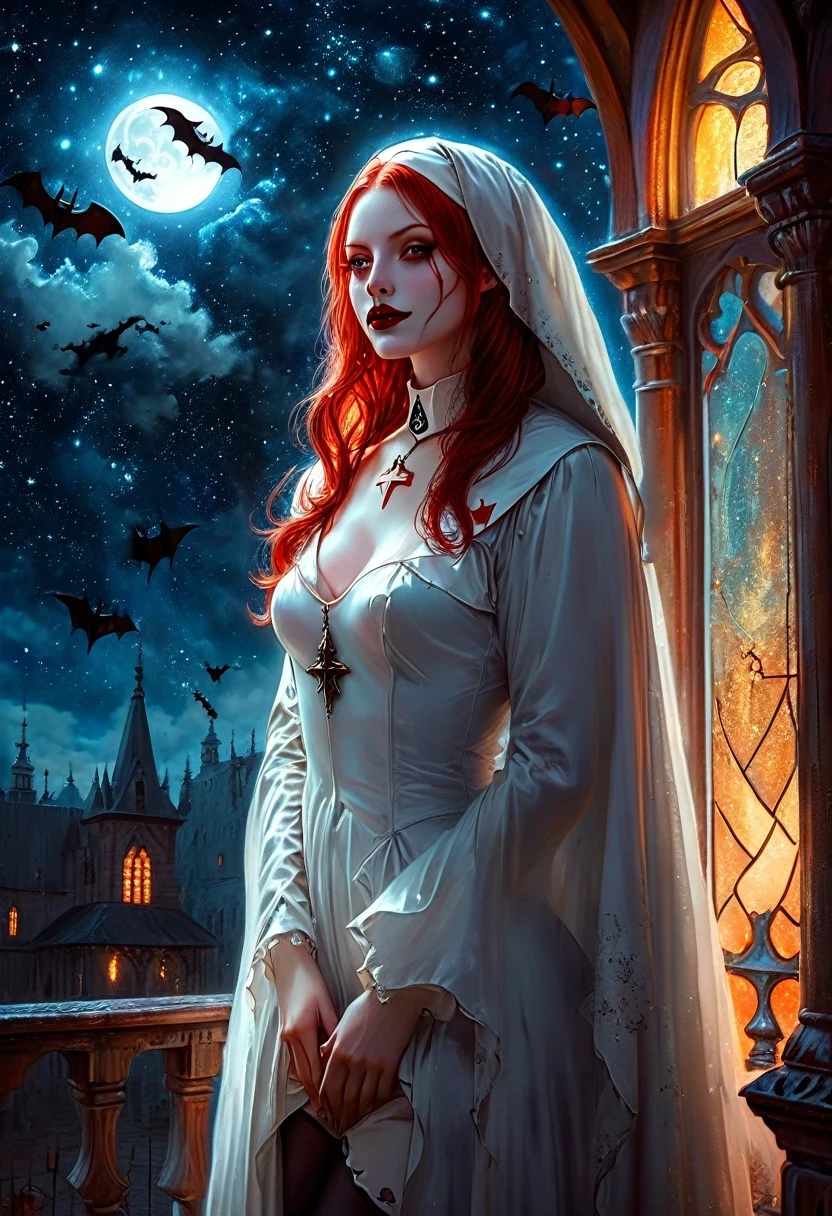 a picture of an exquisite beautiful female nun vampire standing under the starry night sky on the porch of her monastery, ultra feminine, (pale skin: 1.3), red hair, wavy hair, dynamic eyes color, cold eyes, glowing eyes, intense eyes, dark red lips, ((fangs: 1.1)), wearing (white nun tight וuniform: 1.3), wearing (blue cloak: 1.3), long cloak, flowing cloak, wearing (high heeled boots: 1.3), sky full of stars background, moon, bats flying about, action shot, high details, best quality, 16k, ((ultra detailed: 1.5)), masterpiece, best quality, portrait shot, photorealism, dark fantasy art, gothic art, many stars, sense of dread, GlowingRunesAI_red, Cinematic Hollywood Film style, ((no nudity: 1.5))