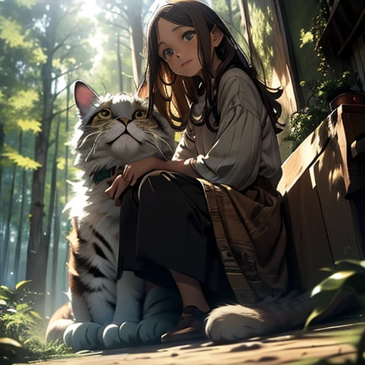 Girl with a cat in a forest clearing; 1 cute chubby brown-eyed red-haired girl 22 years old in a medieval dress(brown and green colors) sitting on a stump in the middle of a forest clearing(thoughtful expression), 1 large, well-fed black familiar cat sits nearby(very big cat:1.3)); realistic environment, many small environmental details, Intricate details, high quality textures, high detail, realistic textures, (sit next to:1.1)