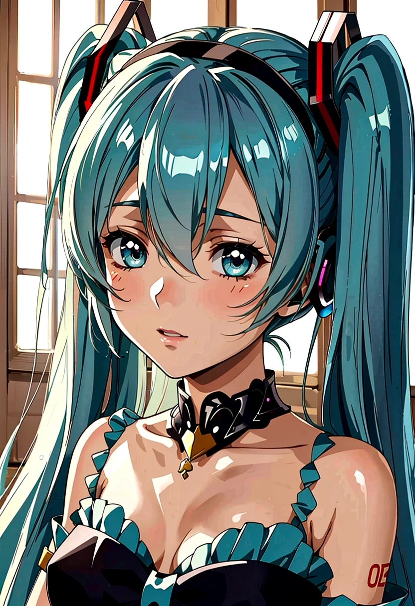 Hatsune Miku, 1人の女の子, 詳細な顔の特徴, 美しい細部までこだわった目, 美しい唇のディテール, 長いまつ毛, 複雑な髪, サイバーパンク, ネオンライト, 光る要素, 反射面, 未来的な, 鮮やかな色彩, 映画照明, デジタルアート, 8k, 高解像度, 写実的な, 傑作,