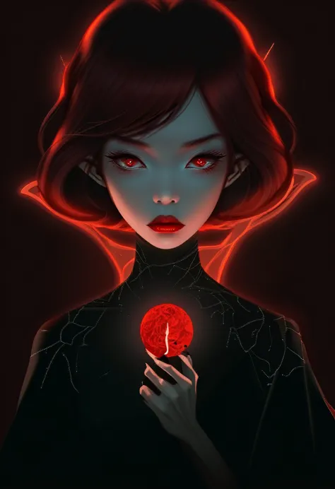 Audrey kawasaki style, dark scarlet, chemiluminescence, demon in the dark with a crazy look, creepy, (minimalism 1), ray tracing...