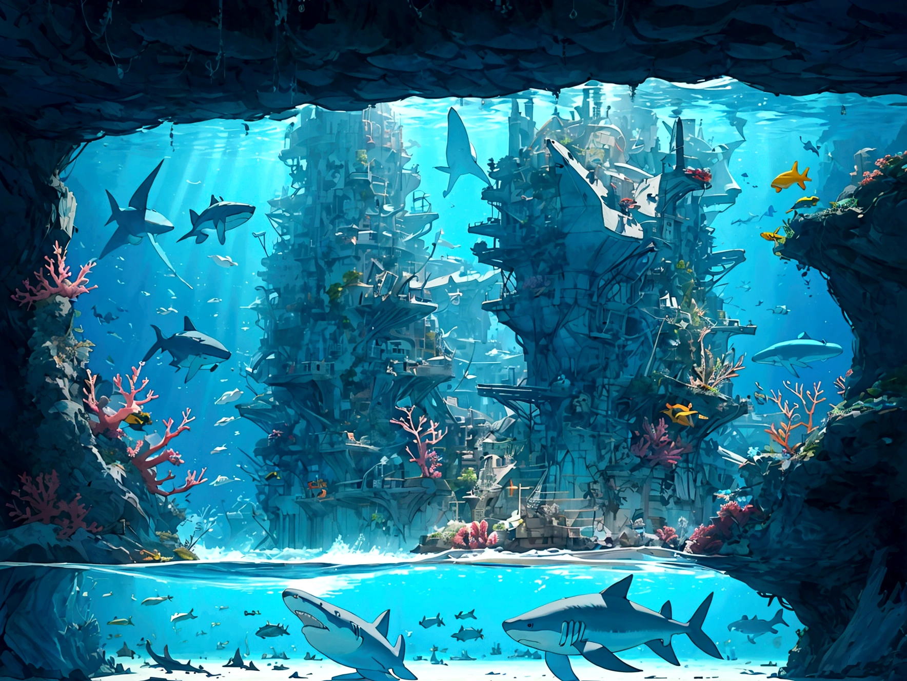 A massive underwater city with submarines and coral reefs, sunken ships and many colorful sharks and fish, whales, bubbles, 