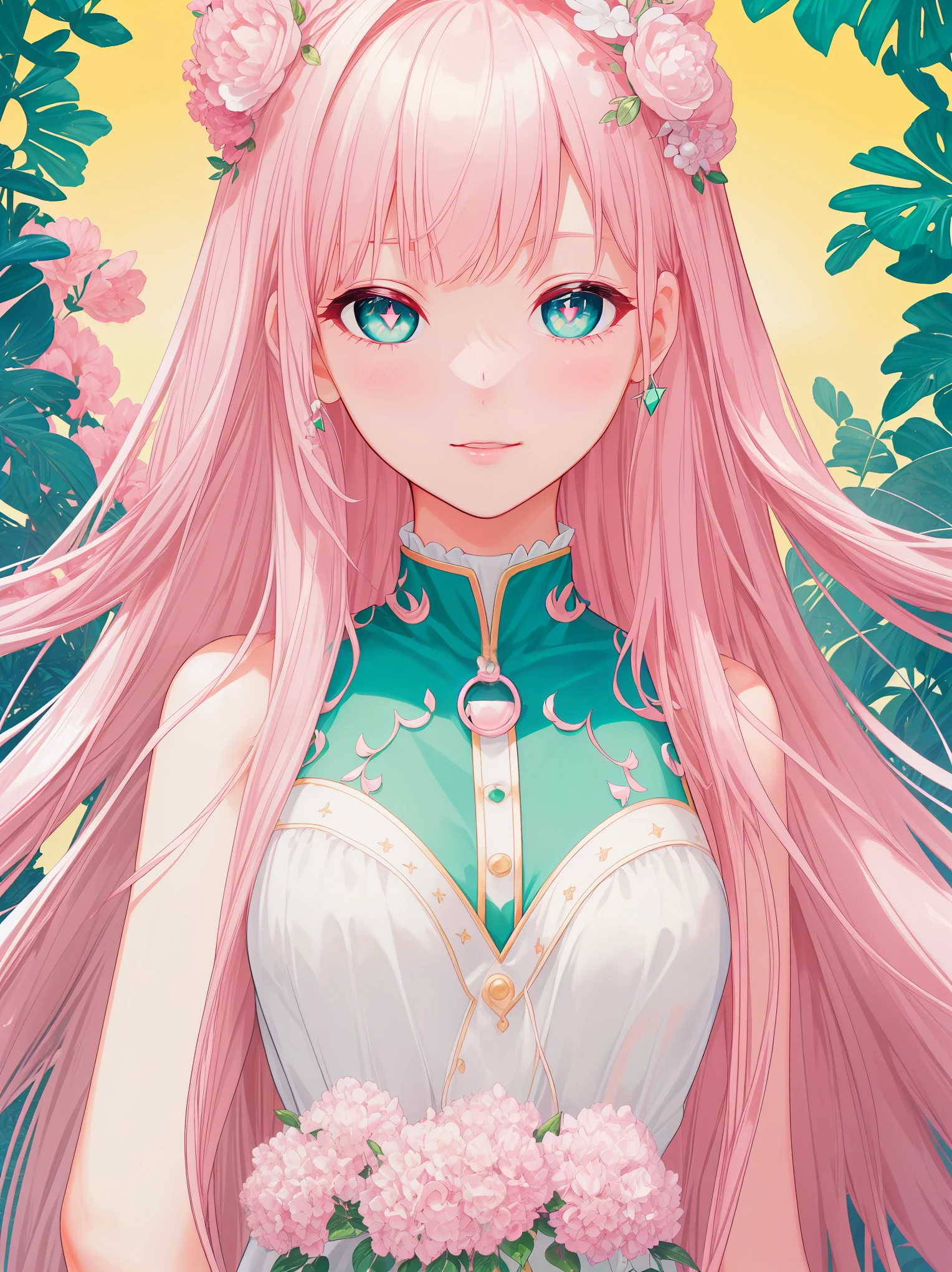 (((pearl pink hair,emerald pupils))),((beautiful and detailed)),(blushing), (geometric:1.1), ((1girl,amazing,adorable girl,solo,arms down)),(Masterpiece,Best quality, offcial art,fractal art, Beautiful and aesthetic:1.2),(4k,HD,HRS),((small breasts)),(Physically-based rendering),Sharp focus, (((face portrait,focus on face,highdetailskin,The details are complex、Shallow depth of field、movie lighting、Reflectors、a Canon EOS R5、50mm lens、f / 2.8、shot at 8k resolution)))，correct pupils,((((shiny hair|detailed hair|half bangs|long hair)))),(masterpiece sidelighting),(The sheen),(beautiful hair,bokeh:55mm)),((extremely_Detailed_Eyes_and_face)),Movie girl,(standing),Brilliant