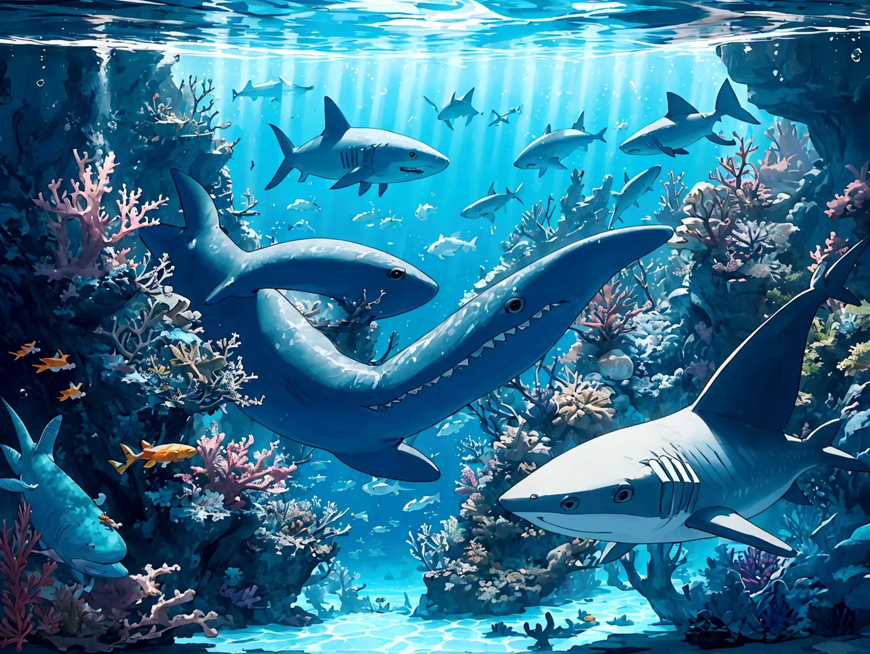 a massive underwater city with submarines and coral reefs, sunken ships and many colorful sharks and fish, whales, bubbles,