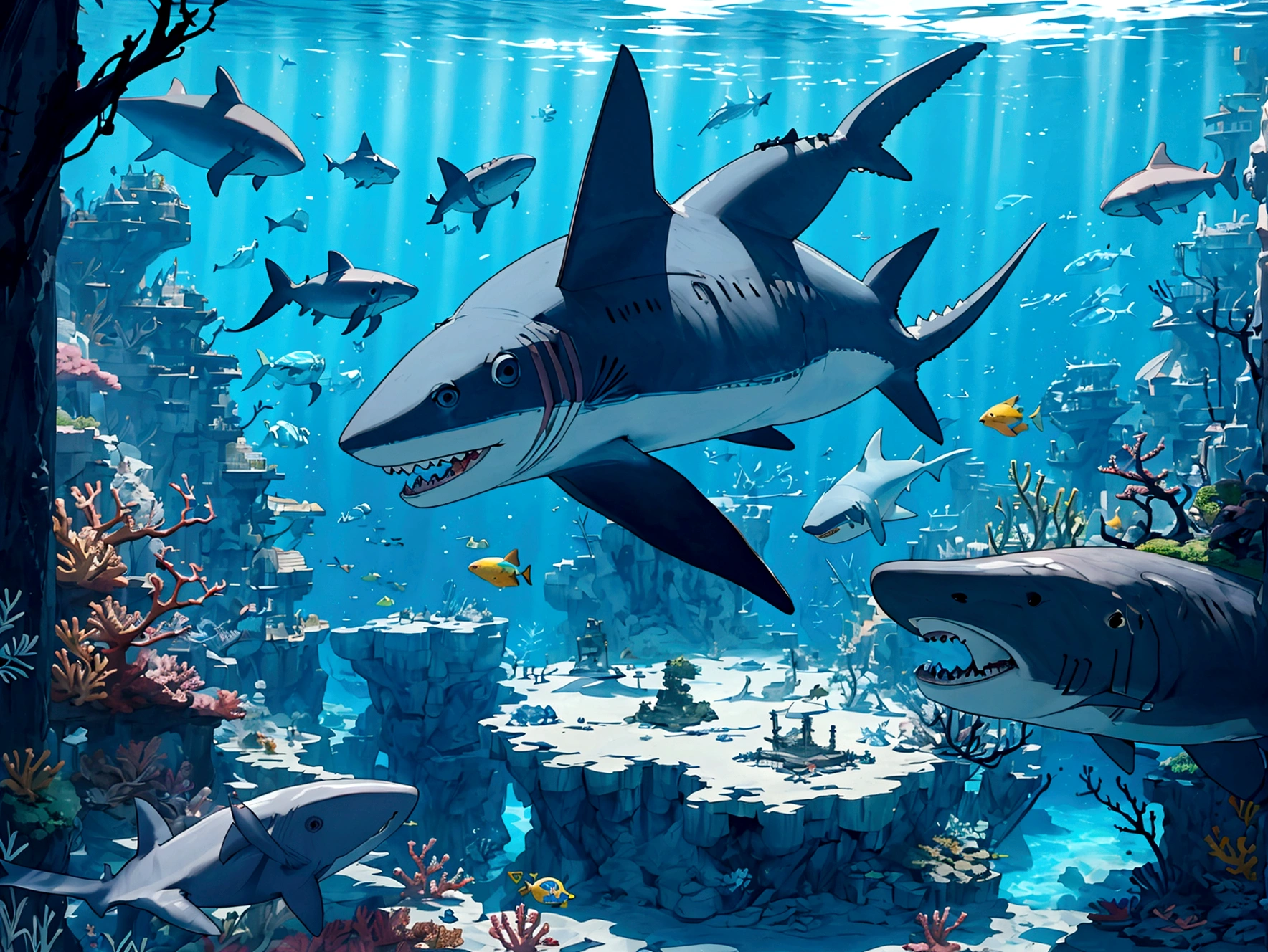 A massive underwater city with submarines and coral reefs, sunken ships and many colorful sharks and fish, whales, bubbles, 