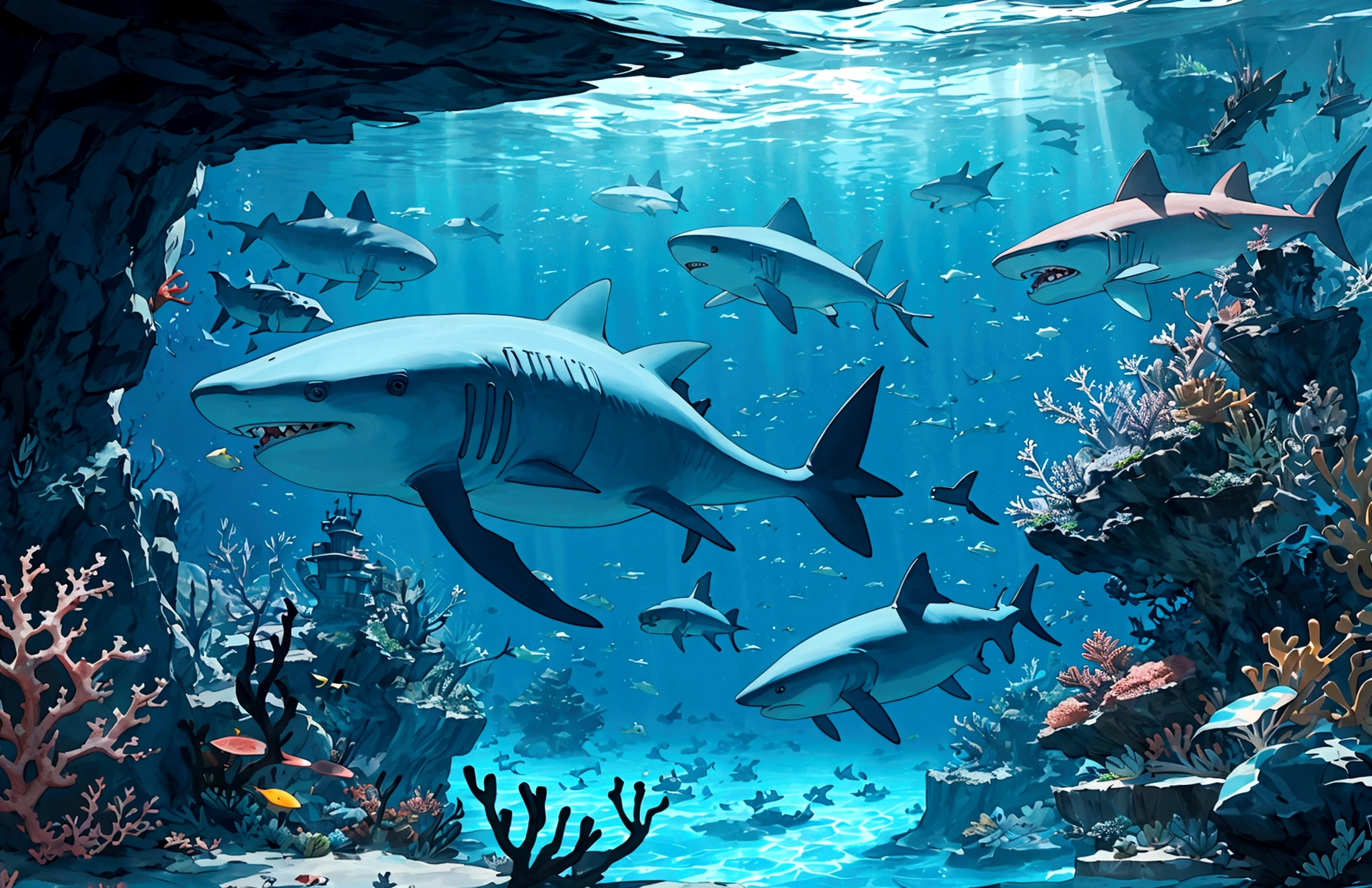 A massive underwater city with submarines and coral reefs, sunken ships and many colorful sharks and fish, whales, bubbles, 