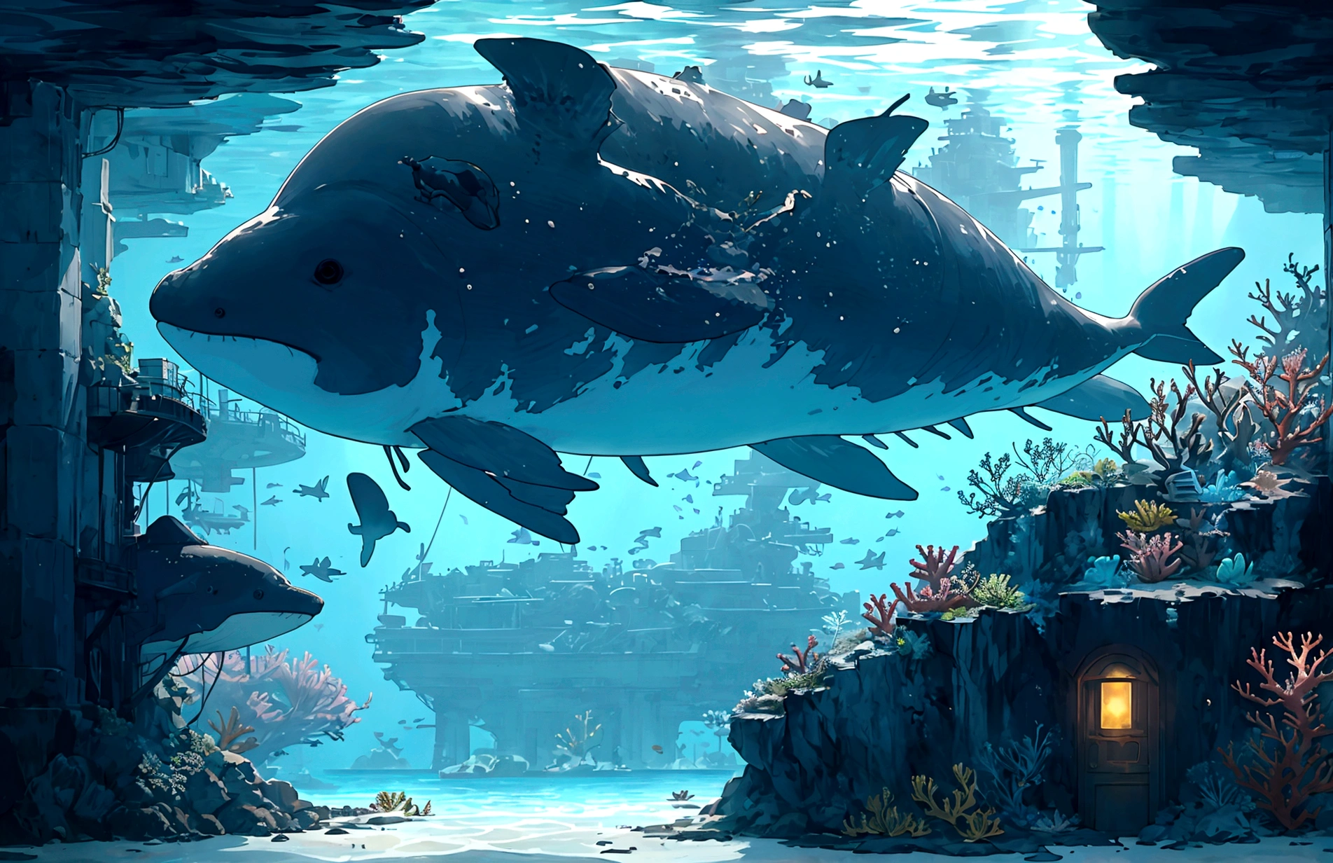 A massive underwater city with submarines and coral reefs, sunken ships, whales, bubbles, 