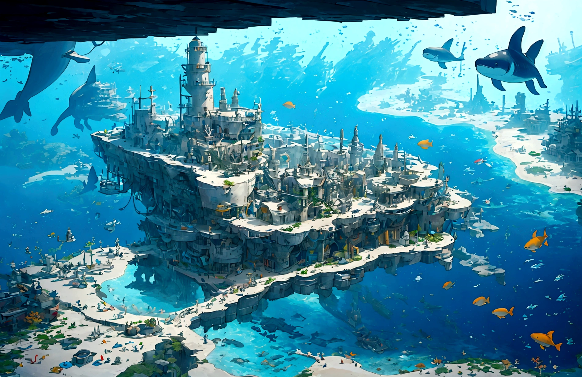 A massive underwater city with submarines and coral reefs, sunken ships, whales, bubbles, 