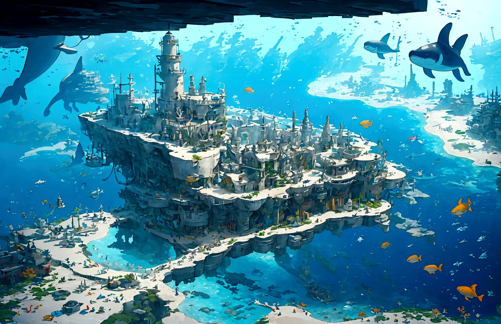 a massive underwater city with submarines and coral reefs, sunken ships, whales, bubbles,