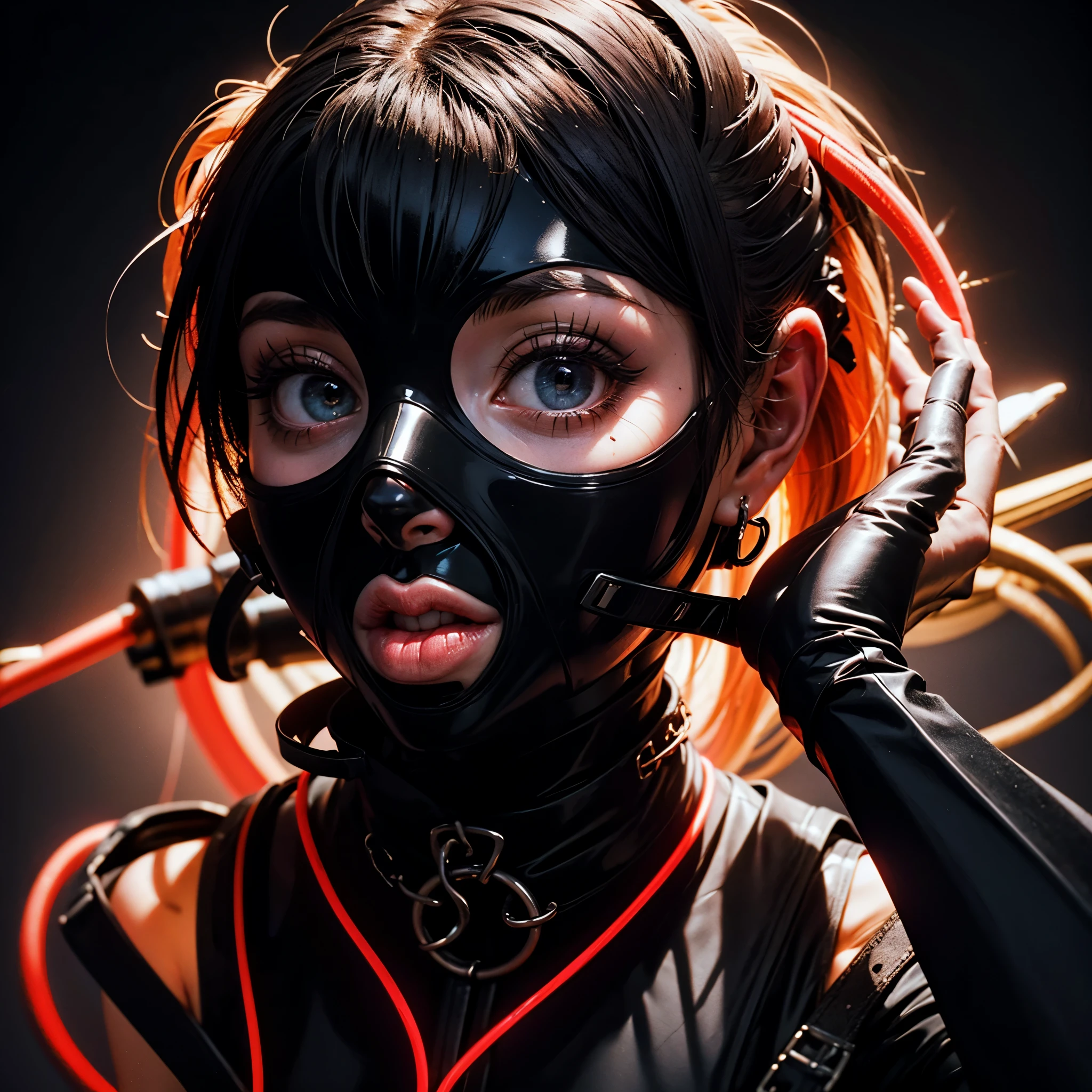 a very beautiful and very thin girl, wears black underwear with tights and latex face mask. Dark room with only red neon lighting. Viele Details, extremely realistic. good quality, 8k