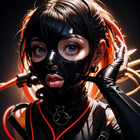 a very beautiful and very thin girl, wears black underwear with tights and latex face mask. dark room with only red neon lightin...