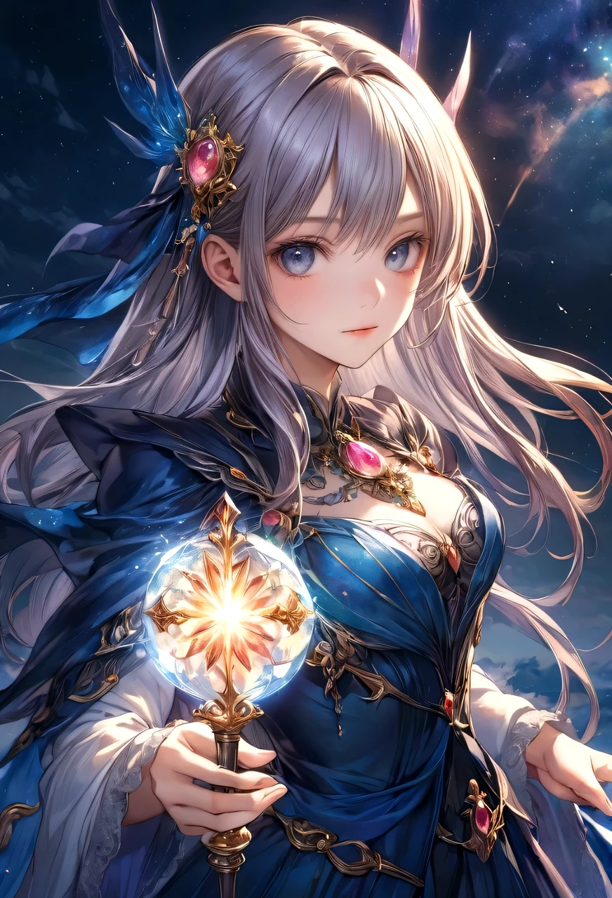 Eine Frau in einem blauen Kleid, die einen Zauberstab mit einer Kristallkugel hält, shadowverse style, granblue fantasy, Anime-Fantasie-Kunstwerk, wunderschöner himmlischer Magier, shadowverse, Anime-Fantasie-Illustration, Detaillierte digitale Anime-Kunst, extrem detailliertes Artgerm, wunderschöner Fantasy-Anime, episches Light Novel-Art-Cover, detaillierte Anime-Charakterkunst, episches Cover eines Light Novels, Porträt Ritter des Tierkreises Mädchen