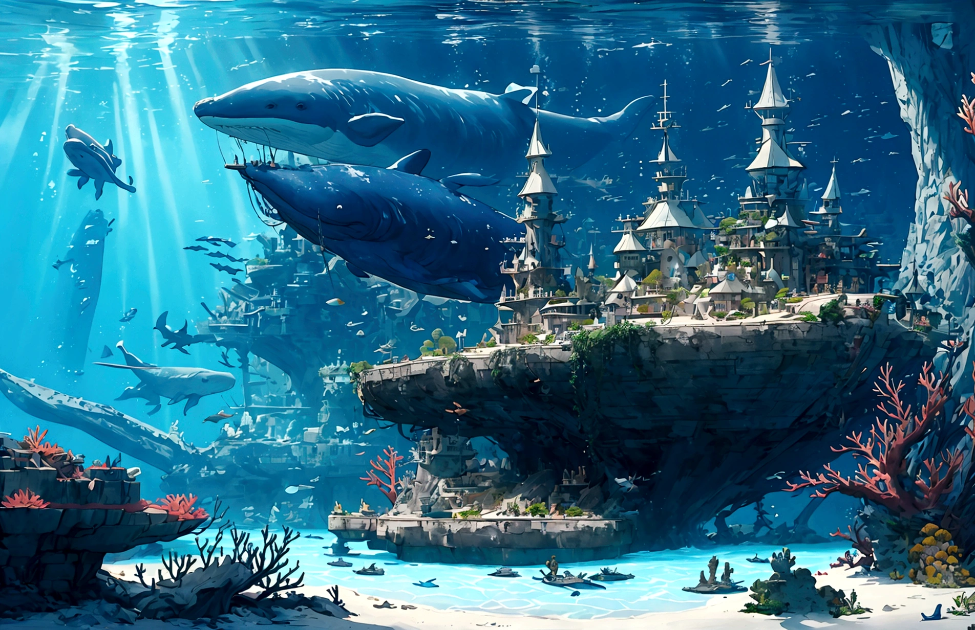 A massive underwater city with submarines and coral reefs, sunken ships, whales, bubbles, 