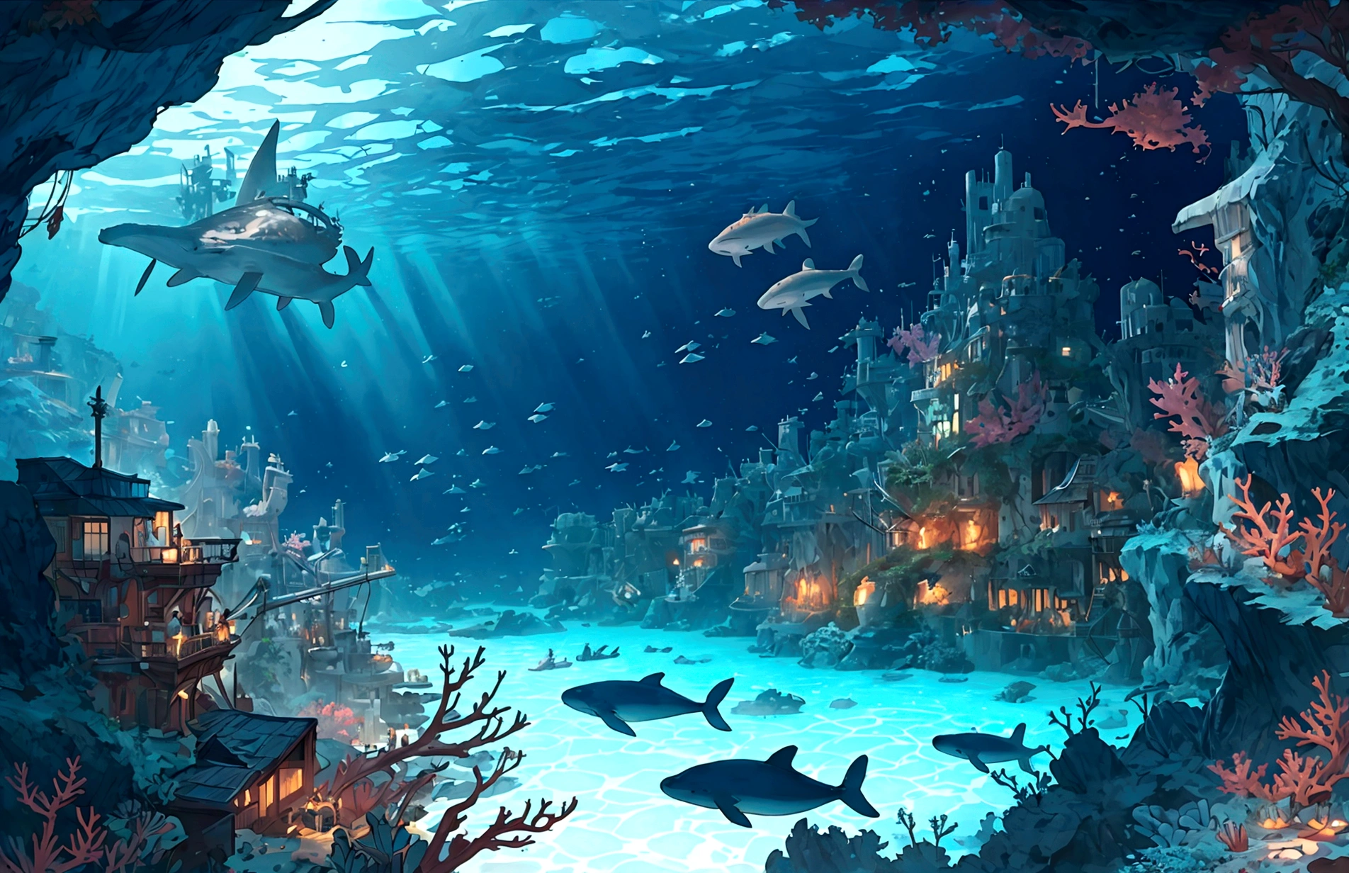 A massive underwater city with submarines and coral reefs, sunken ships, whales, bubbles, 