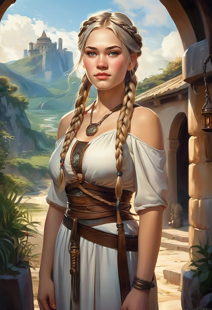 realistic painting of Guinwen, detailed illustration, fantasy style, 20yo Guin as an ancient slave, blonde hair, braids, slim waist, huge breasts, dungeon in the background, shy, sweet face, bright light, soft focus, full lips, small nose
