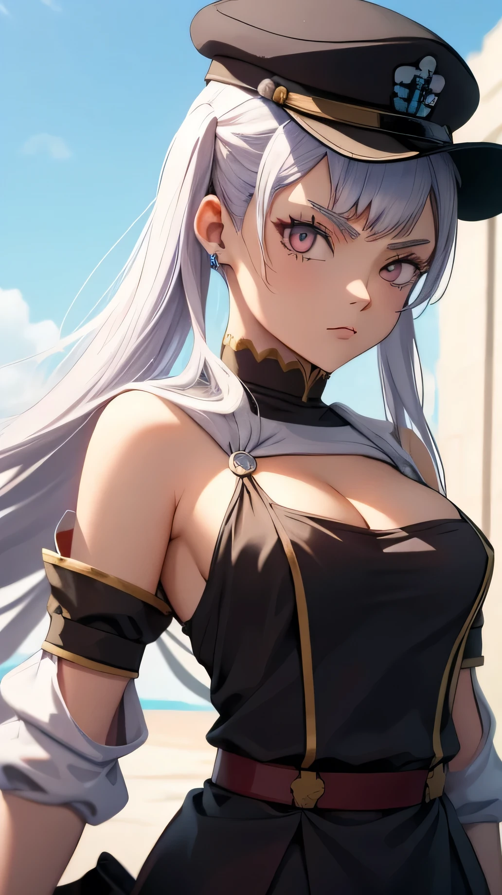 High definition, high resolution, anime, morto, a black closeup of a woman in uniform with hat,  da linha de frente, peitos enormes, Estilo de passarela Azur, detalhes finos, OLHOS AZUIS  da linha de frentes, Frontline Style Meninas Frente, cabelo brancoed deity, Personagens de Azur Lane, seios grandes, do videogame Azur Lane, meninas da linha de frente, inspirado em Li Chevalier, cabelo branco, cabelo longo,  da linha de frentes, roupa preta, universo da linha de frente das meninas, de arknights, OLHOS AZUIS, black military hat, fundo preto.