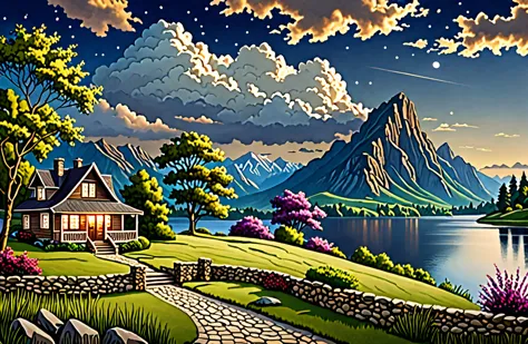 ebonygoldai masterpiece, best quality, high quality, high resolution, (((beautiful detailed sky))), grandeur, cottage, grand(mag...