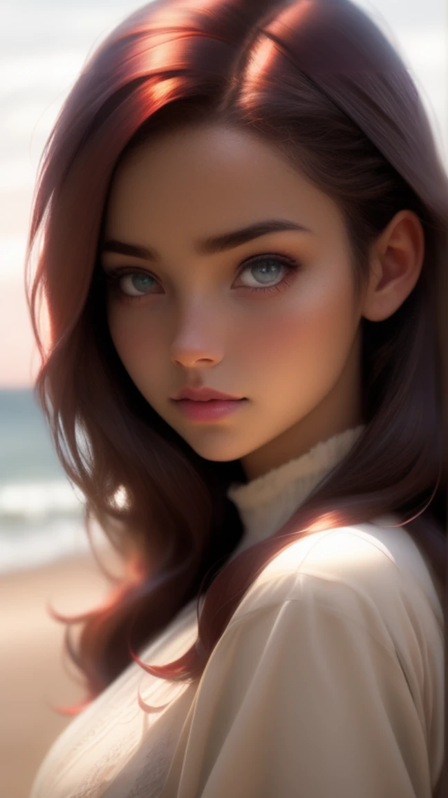 close up of a european woman, Burgundy hair, winter beach, natural skin texture, very detailed skin texture, tanned skin, 24mm, 4k textures, soft cinematic light, RAW photo, photorealism, photorealistic, intricate, elegant, highly detailed, sharp focus, ((((cinematic look)))), soothing tones, insane details, intricate details, hyperdetailed, low contrast, soft cinematic light, dim colors, exposure blend, hdr, faded, full_body