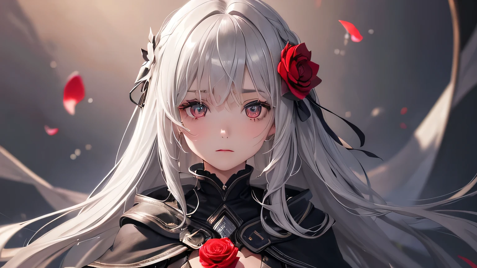 One girl,alone,One girl,alone,((Beautiful fine details)), (Detailed light),Depth of written boundary,(Gray Hair),Silver Eyes,Hair on one eye,(Red flower ), Hair Flowers,Long Hair,Black Cape,Wet,emotionless,Recall,night,Starfall,it&#39;s raining,fog,Red flowers falling,sketch