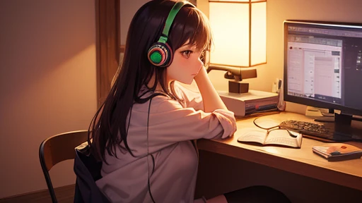 Belle fille étudiant dans sa chambre tout en écoutant de la musique avec des écouteurs　éclairage chaleureux　Belle vue de nuit　Style d&#39;anime japonais