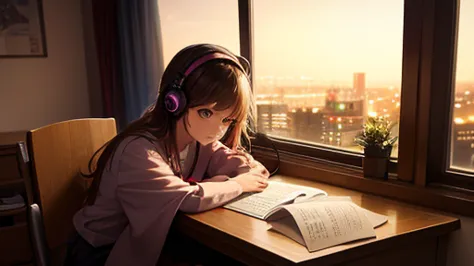 Beautiful girl studying in her room while listening to music on headphones　Warm lighting　Beautiful night view　Japanese anime sty...