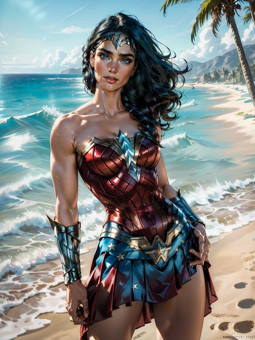 Meisterwerk, Jennifer Connelly, Cowboy-Schuss, trägt einen sexy Wonder Woman-Turnanzug, kleiner Wonder Woman Rock, perfekt detaillierte Augen, zartes Lächeln auf deinem Gesicht, an einem windigen und sonnigen Strand mit Palmen und einem ruhigen Meer am Horizont.