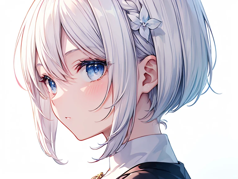 ((highest quality)), ((masterpiece)), (Familiar), Perfect Face, cute, Beautiful white bob, blue eyes, Standing position, profile，White background, looking at the viewer
