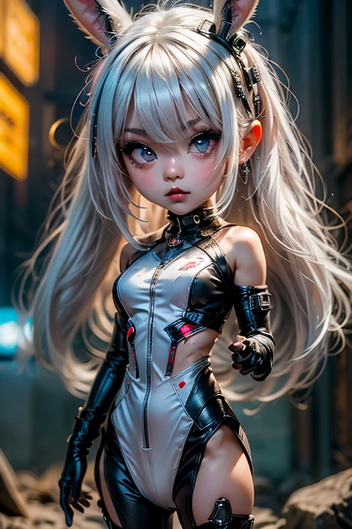 single,1woman\((chibi:1.8),cute,kawaii,,(white hair:1.7),(very long hair:1.7),bumps,(ear\(fluffy white Rabbit-ear\):1.3), (red eye),big eye,beautiful bright eye,white skin color,big hair bow,(suit\(combat suit, (very tight :1.5),(show body line:1.2),weapons\ )), BREAK ,Background\(rubble city,(close up woman), BREAK ,quality\(8K,extremely detailed CG unit wallpaper, masterpiece,high resolution,top-quality,top-quality real texture skin,hyperrealistic,increase resolution,RAW photos,best quality,very detailed,wallpaper,golden ratio\)