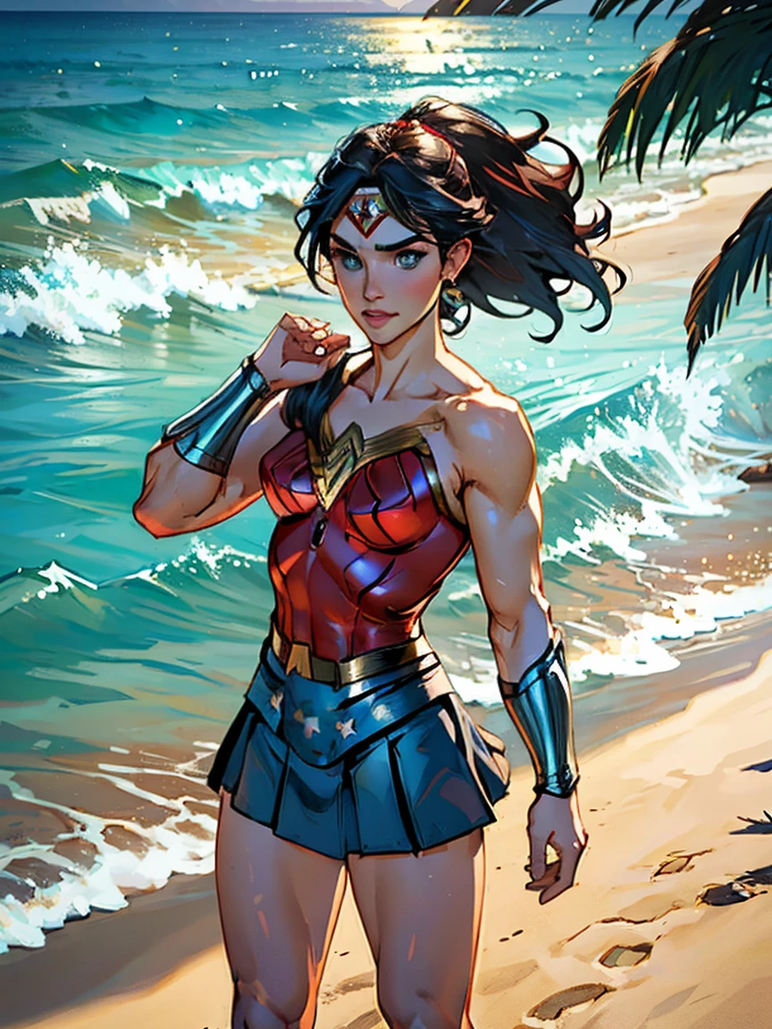 Masterpiece, Jennifer Connelly, cowboy shot, wearing a sexy Wonder Woman leotard, small Wonder Woman skirt, perfect detailed eyes, delicate smile on your face, on a windy and sunny beach with palms and a tranquil sea on the horizon.