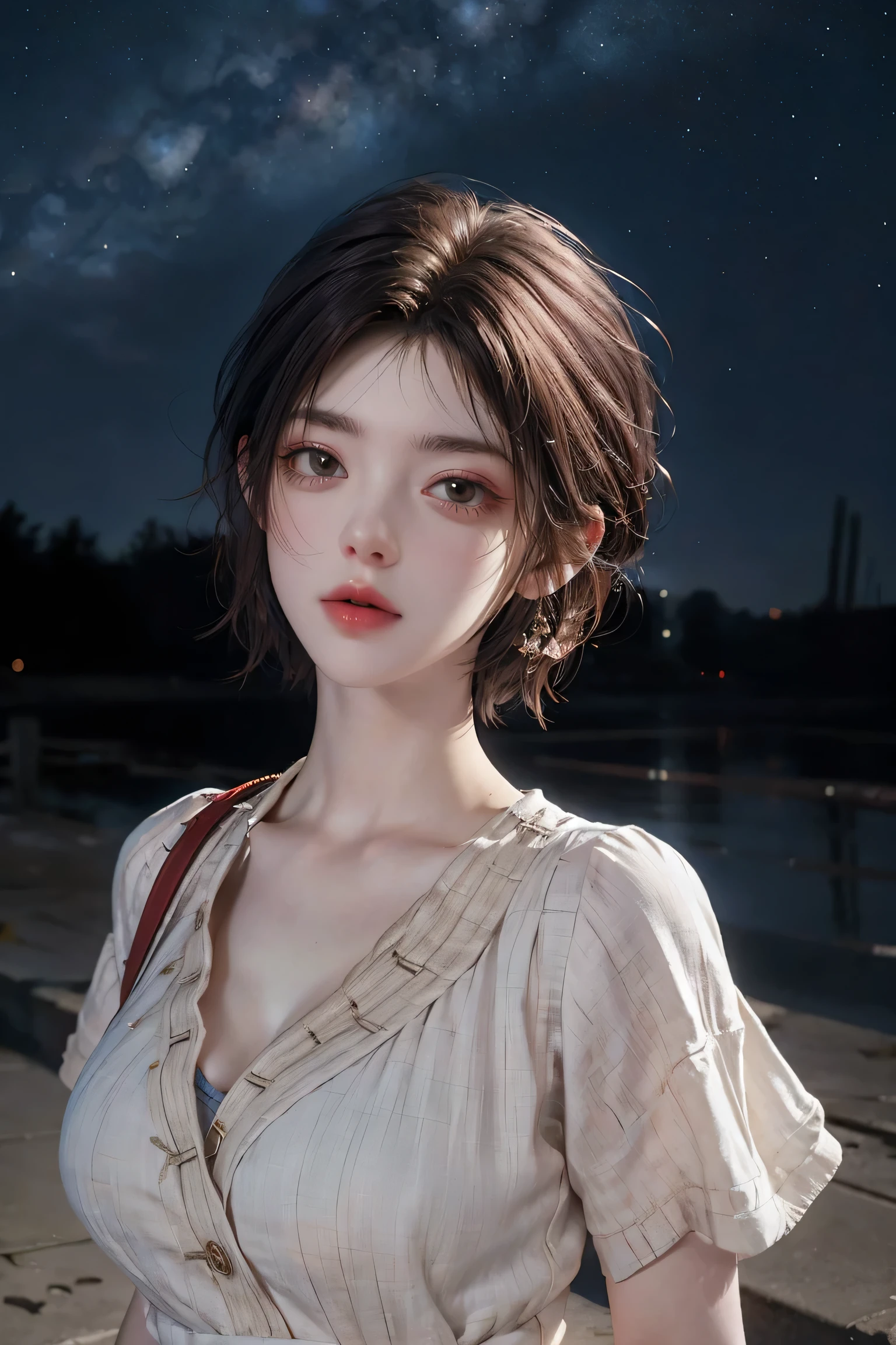 ((best quality,highest resolution，Unified 8K, masterpiece ))a girl，（random clothes），（Close-up from chest up）,photo，reality，Short hair blown by the wind，medium chest，rosy lips，white shiny skin，Expose the upper chest，Deep cleavage，blurred background，night，starry sky