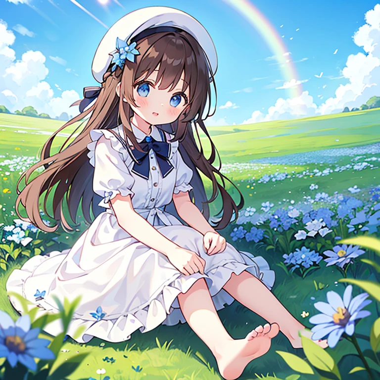 1 girl, white frill dress, blue flower field, sunlight, blue sky, summer, white beret, brown hair, blue eyes, princess long hair, short height, she sits barefoot on flowers,